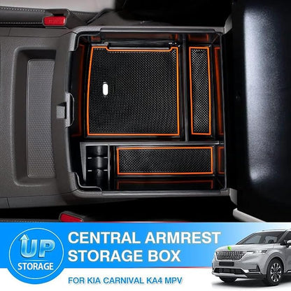 Autorder Center Console Organizer for 2022-2026 Kia Carnival KA4 MPV Accessories Armrest Storage Box Secondary Insert Tray with Orange/Black Silicone Pad