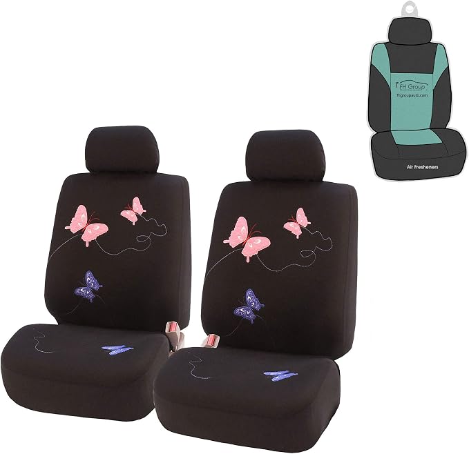 FH Group Car Seat Covers Butterfly Embroidered Seat Covers Front Set with Gift - Universal Fit for Cars, Trucks & SUVs (Black) FB055102