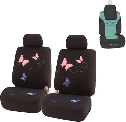 FH Group Car Seat Covers Butterfly Embroidered Seat Covers Front Set with Gift - Universal Fit for Cars, Trucks & SUVs (Black) FB055102