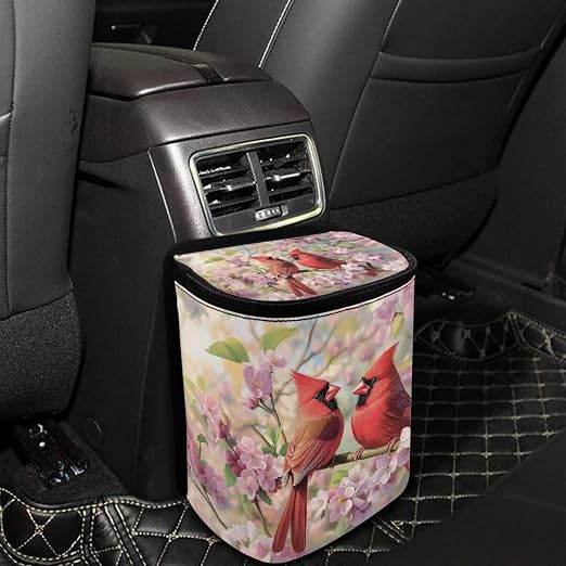 Cardinal Bird Cherry Blossom Print Trash Can for Car Leakproof Garbage with Lid and Zipper Trash Bin Hanging Back of Seat Auto Interior Accessories Universal Fit Most Truck SUV Van