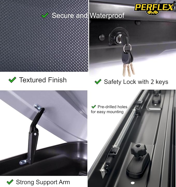 Perflex Journey Roof Cargo Box Carrier 14.8 Cubic Feet Car Top Mount Travel Luggage Storage, Passenger Side Opening, 130 Lbs Weight Capacity, Keys, Strap (Black)