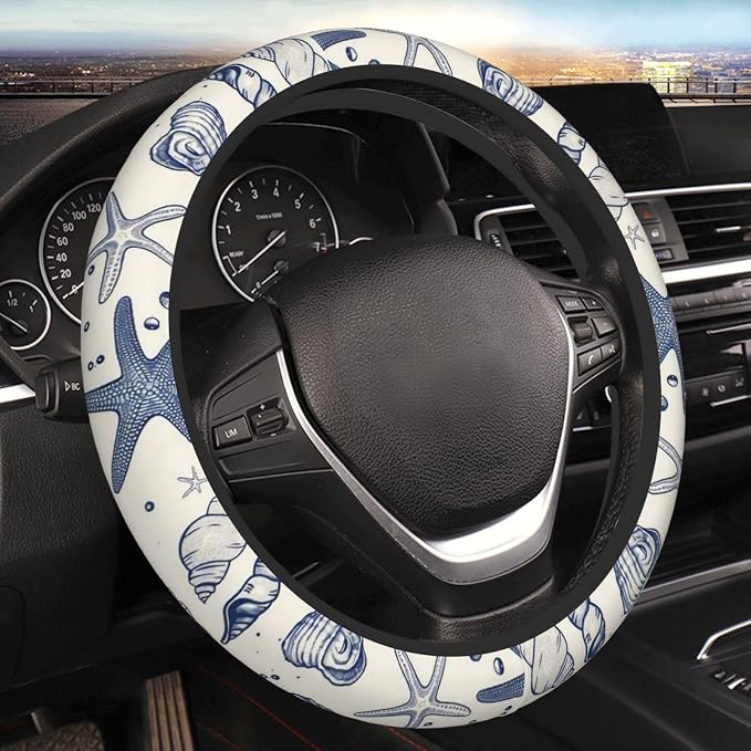 Car Steering Wheel Cover with Anti-Slip Lining, Universal 15 inch Wheel Cover, Fashion Car Interior Accessories for Women Men - Sea Starfish Shells
