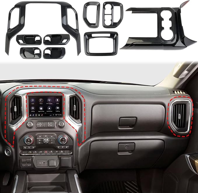 Carbon Fiber Center Console Dashboard Kit Trim for 2019-2021 Chevy Silverado/GMC Sierra 1500 2500 3500 (9 pcs) (9-Piece Set(only fit 2019-2021 Model))