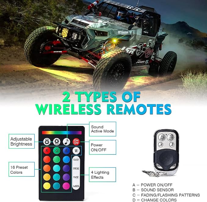 Xprite Bluetooth RGB LED Rock Lights Kit, Multicolor Neon Accent Music Flashing Lighting Underglow Kits with RF Controller for Off-Road, Trucks, Cars, UTV, ATV, SUV, RZR, Motorcycles, Boats - 6 PCS