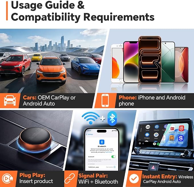 CarlinKit MINI Ultra 2026 Orange - Wireless CarPlay Adapter | Wired to Wireless | Plug & Play | for with iPhone (iOS 10+) & Androi.d (Andro.id 11+) | for Cars OEM CarPlay & Android Auto (2016+)