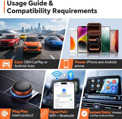 CarlinKit MINI Ultra 2026 Orange - Wireless CarPlay Adapter | Wired to Wireless | Plug & Play | for with iPhone (iOS 10+) & Androi.d (Andro.id 11+) | for Cars OEM CarPlay & Android Auto (2016+)