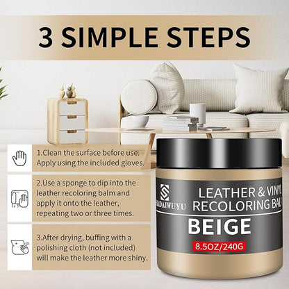 Leather Recoloring Balm,8.5oz Leather Color Restorer,Beige Leather Repair kit for Furniture and Car Interior,Leather Couch Scratch Repair,Leather Dye Paint for Faded,Cracked and Damaged Leather
