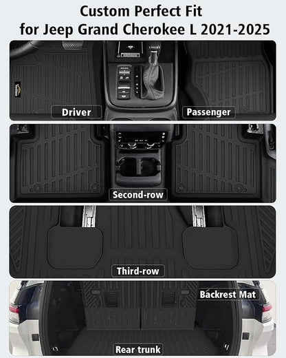 Floor Mats Custom for Jeep Grand Cherokee L 2021-2025 2026 Captain Chair(Only for 6-Seater w/o 2nd Row Armrest) TPE All Weather Cargo Liner with Backrest Mat & Door Sill Guards Accessories, Black