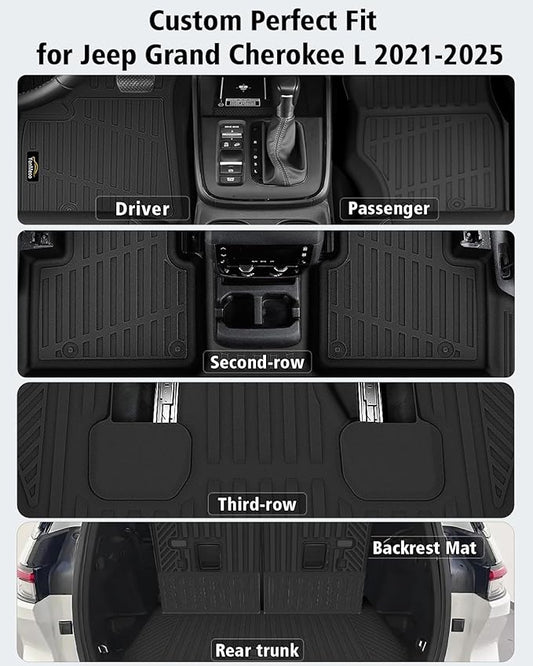 Floor Mats Custom for Jeep Grand Cherokee L 2021-2025 2026 Captain Chair(Only for 6-Seater w/o 2nd Row Armrest) TPE All Weather Cargo Liner with Backrest Mat & Door Sill Guards Accessories, Black