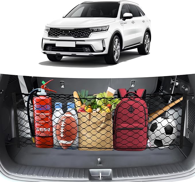 Canvcle Trunk Cargo Net for 2021-2025 2026 Kia Sorento Accessories Envelope Style Mesh Trunk Net Organizer and Storage Stretchable Adjustable Elastic Nylon Rear Cargo Netting with Hooks