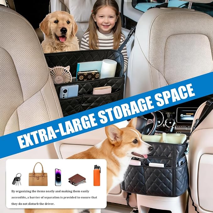 Car Purse Holder Between Seats, Car Storage Organizer, Leather Large Capacity Storage Pocket for Front Seat, Front Seat Pocket Handbag Holder & Barrier of Backseat Pet Kids for Most Vehicles