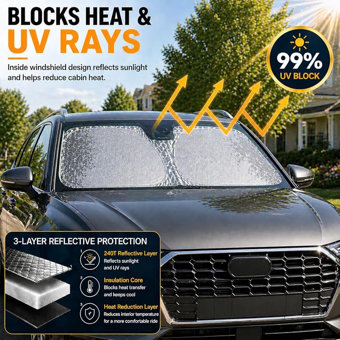 Audi Q3 Q4 Q5 Windshield Sun Shade, Custom Fit Foldable Front Window Sunshade Protector, Blocks UV Rays and Reduces Heat, Fits 2019–2026 Models