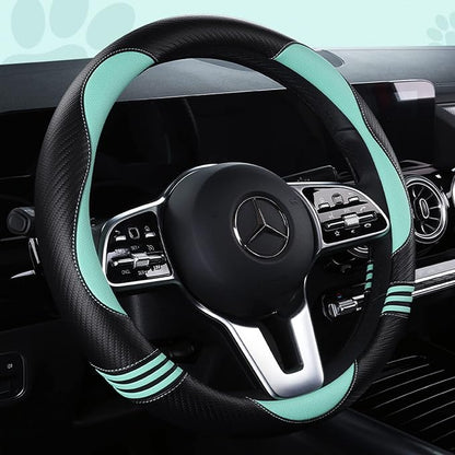 HighnessHwoo Car Steering Wheel Covers for Women Girl Padded Carbon Fiber PU Leather Cute Cartoon Auto Interior Accessories for Jeep, Truck, Universal, Anti Slip, Green, Large Size, 15.2-16in