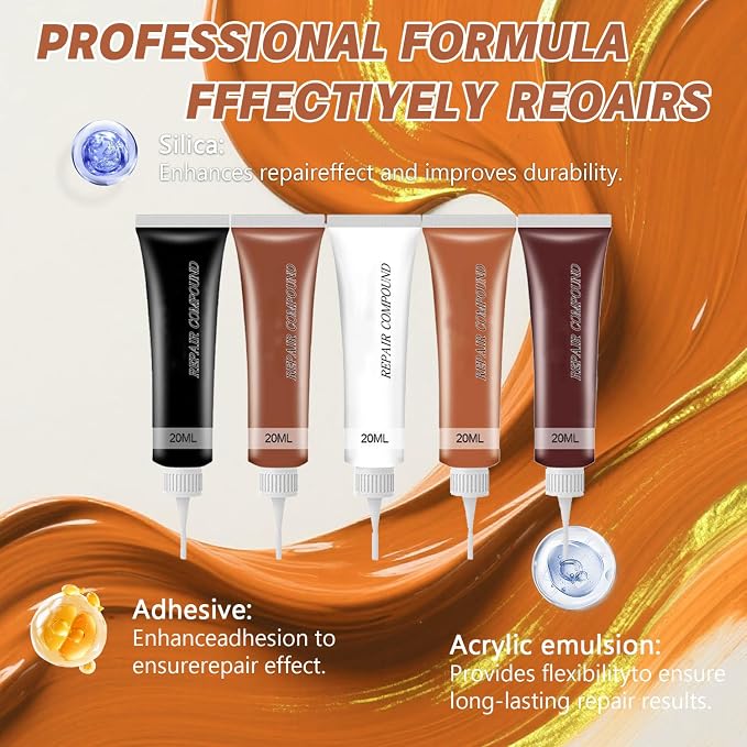 Leather Repair Kit for Furniture, Sofa, Jacket, Car Seats & Purse, 5Pcs Vinyl Repair Kit with Easy Instructions, Fix Tears, Scratches, Holes & Peeling on Genuine, Faux, Bonded Leather (Brown)