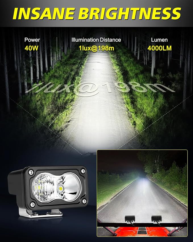 LED Pods with Wiring Harness & Black Covers 3" 40W CREE LED Ditch Lights Spot Flood Combo Offroad Driving Lights for Trucks Motorcycle SUV UTV ATV Dirt Bike
