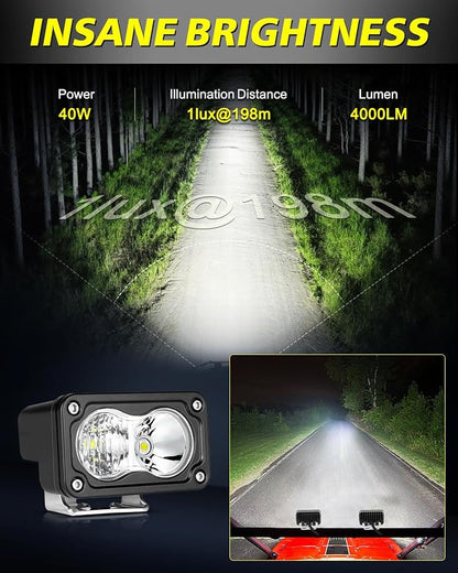 LED Pods with Wiring Harness & Black Covers 3" 40W CREE LED Ditch Lights Spot Flood Combo Offroad Driving Lights for Trucks Motorcycle SUV UTV ATV Dirt Bike