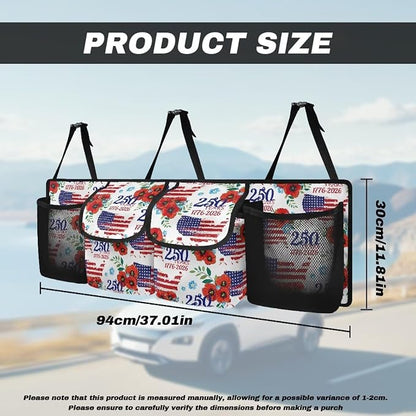 250 Years Trunk Storage Organizer Backseat Hanging Storage Bag with 4 Pockets & 3 Adjustable Straps Adjustable & Waterproof Car Interior Accessories for Most Cars