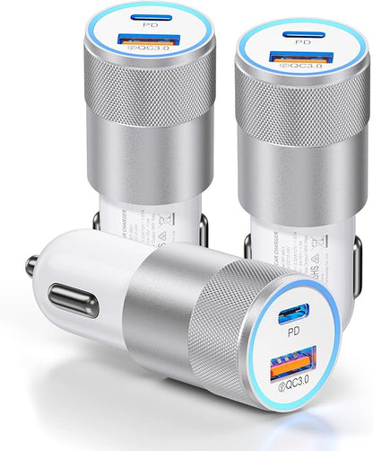 3-Pack Car Charger, Ancekoy 38W Dual Port Fast Charge PD & QC 3.0 Car Adapter Cigarette Lighter USB Plug for iPhone 16/15/14/13 Pro Max, iPad, Galaxy S25/S24/S23 and More (White)