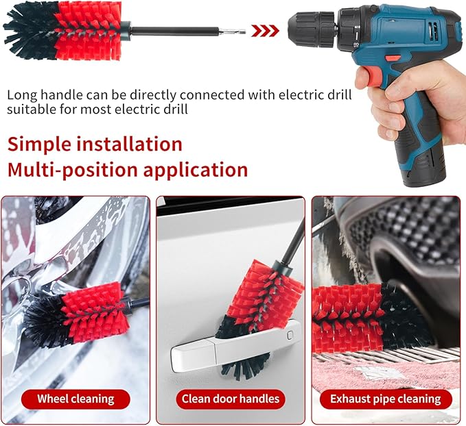 Wheel Brush, Soft Drill Wheel Cleaner Brush, Drill Brush for Car Wheel, No Scratches Highly Dense and Durable Car Wheel Brush Rim Tire Car Cleaning Brush for Wheels, Rims, Engines, Exhaust