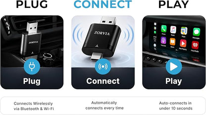 ZORVIA Wireless CarPlay Adapter for iPhone & Android Auto 2026 Upgraded - Convert Wired CarPlay to Wireless, Fast Auto Reconnect, Plug and Play, USB-C & USB-A (Black)