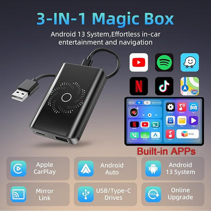AI Box Wireless CarPlay & Auto Adapter - Plug & Play, Dual-Band WiFi, Bluetooth 5.4, 4K Video Support, Android 13.0 System, Compatible with Factory CarPlay & Android Auto （4GB RAM+32GB ROM）