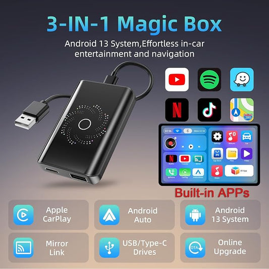 AI Box Wireless CarPlay & Auto Adapter - Plug & Play, Dual-Band WiFi, Bluetooth 5.4, 4K Video Support, Android 13.0 System, Compatible with Factory CarPlay & Android Auto （4GB RAM+32GB ROM）