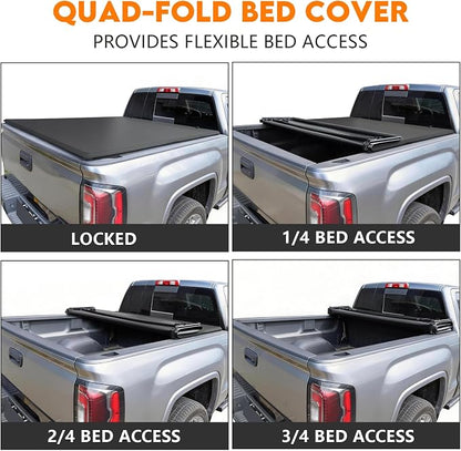 RHOBRA Soft Quad-Fold Truck Bed Tonneau Cover Compatible with 2016-2023 Toyota Tacoma 6ft Bed (Excl. Trail Edition), 26.5oz Vinyl Truck Bed Cover, Weather Resistant Bed Cover