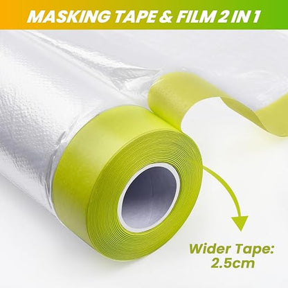 LLPT Pre-Taped Masking Film, 106.3" Unfolded x 66Ft, 0.31 Mil, 2 Pack | Static-Cling, Disposable, Solvent & Oil Resistant Bleed-Proof Low Tack No Residue for Auto Wall Furniture Painting Protection