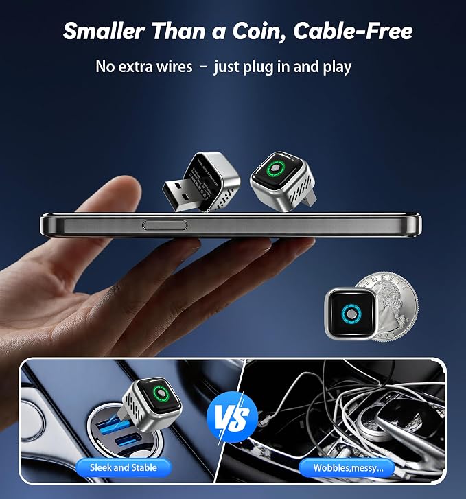2026 Upgraded Wireless CarPlay Adapter with Buttons for Privacy Call & Two-Phone Fast Switch, Aluminum Cooling, Dual-Band WiFi, Mini Cable-Free, Compatible with Apple CarPlay & Android Auto, Gray