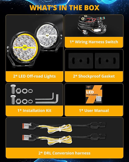 Auxbeam RAY-L Series 7 Inch Round Offroad Light with Amber White DRL 240W 25800LM LED Driving Pods Light Bar Spot Beam Spot Lights Offroad Lighting for Front Bumper