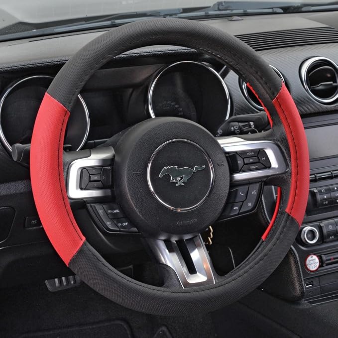 BDK Sporty Two Tone Ergonomic Grip Steering Wheel Cover - Plush Leather Grip for Standard Size Wheels 14.5-15 inch Red/Black