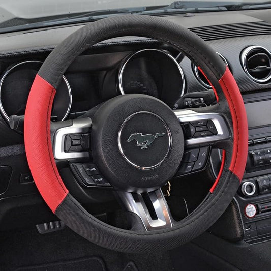 BDK Sporty Two Tone Ergonomic Grip Steering Wheel Cover - Plush Leather Grip for Standard Size Wheels 14.5-15 inch Red/Black
