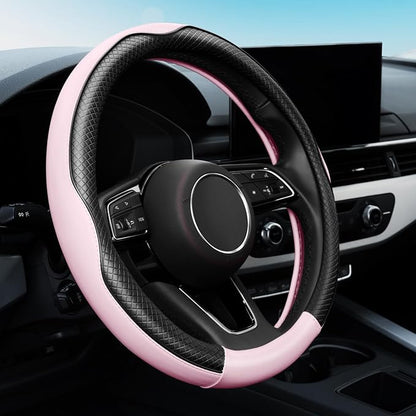 YHONGJT Soft Premium Leather Steering Wheel Cover, Breathable, Non-Slip Grip, Universal 15 Inch for Women Girls, Fit Vehicles, Sedans, SUVs, Vans, Trucks - Light Pink
