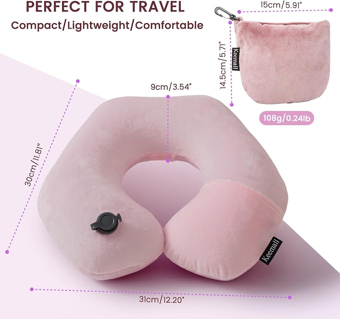 Keemall Inflatable Neck Pillow,Inflatable Travel Pillow Premium Pink U-Shaped with Soft Washable Cover, Compact Portable Airplane Travel Essentials for Flight, Car and Office, Travel Gift for Women