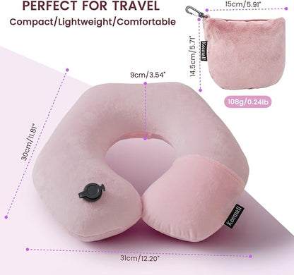 Keemall Inflatable Neck Pillow,Inflatable Travel Pillow Premium Pink U-Shaped with Soft Washable Cover, Compact Portable Airplane Travel Essentials for Flight, Car and Office, Travel Gift for Women