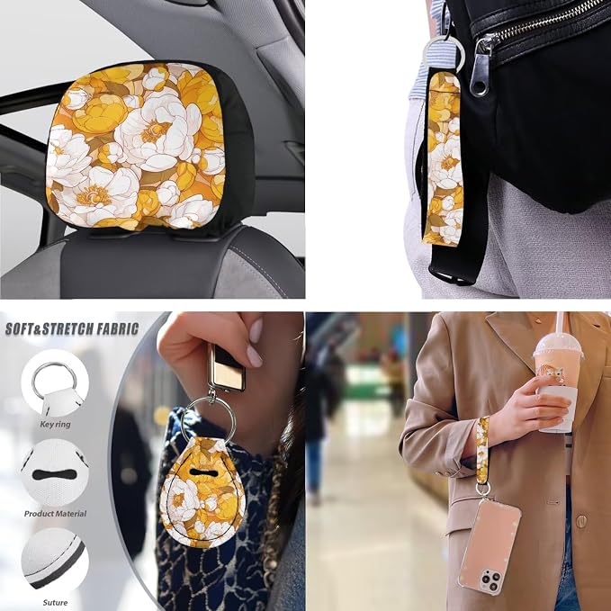 Peony Universal Car Seat Covers 13 Set, Yellow White Floral Contrast Color Car Accessories for Front Rear Seat Cover, Oil Painting Steering Wheel Cover Seat Belt Pads