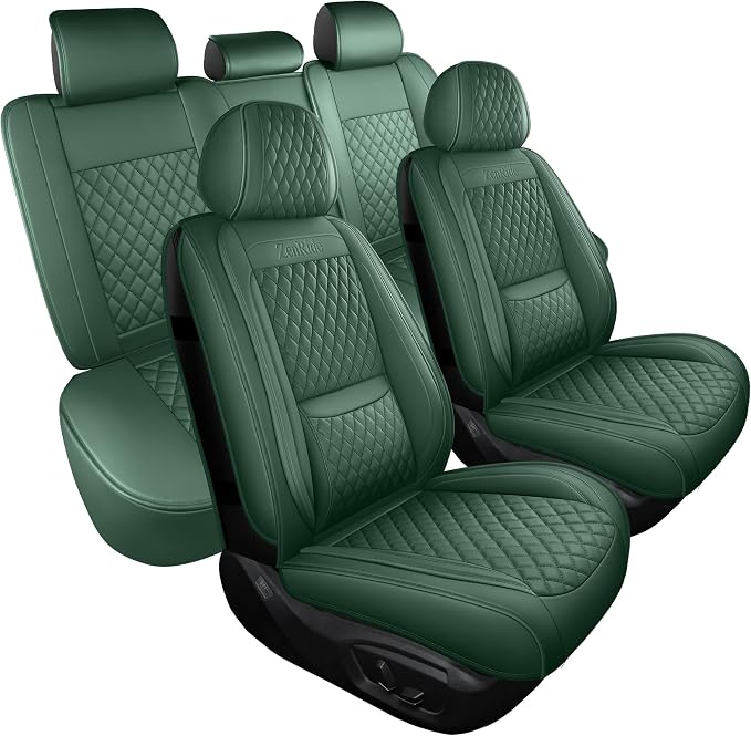 Car Seat Covers Full Set,3D Contoured with Lumbar Support Nappa Leather Automotive Seat Covers for Cars SUV Truck Sedan,Universal Anti-Slip Driver Seat Cover with Backrest Style2 Dark Green