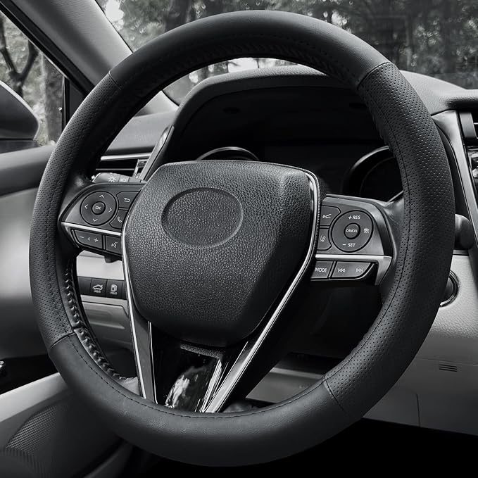 Steering Wheel Cover Standard Size 14.5-15 inch, Non-Slip Car Wheel Cover Protector, Non-Folding Packaging, Microfiber Leather, Black