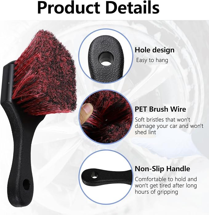 Hovom Car Wash Brush for Tire & Wheel Rim, Soft Bristle Wheel Cleaning Brushes, Short Handle Tire Cleaner Brush Releases Dirt and Road Grime, Universal Car Cleaning Supplies (Black+Red)