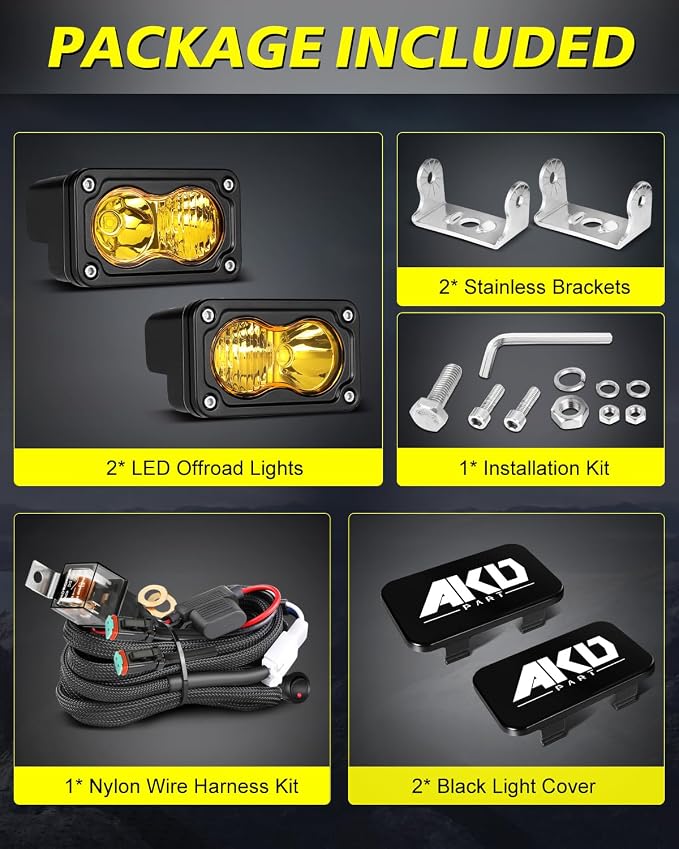 Yellow LED Pods with Wiring Harness & Black Covers 3" 40W CREE LED Ditch Lights Spot Flood Combo Fog Lights Yellow Chase Head Light for Trucks Motorcycle SUV UTV ATV Dirt Bike