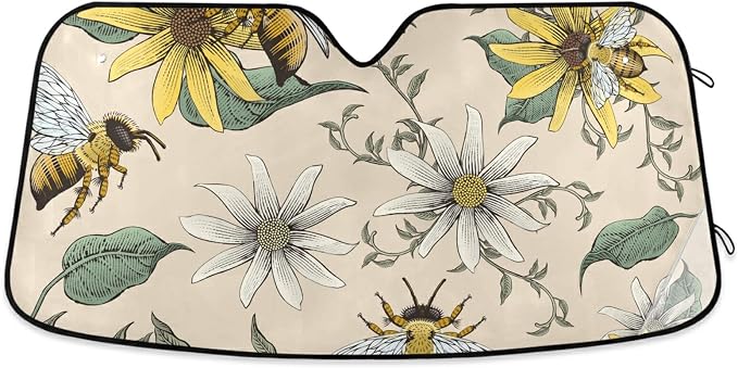 Bee White Daisy Windshield Sun Shade Blocks UV Rays Visor Protector Accordion Folding Sun Reflector Auto Sunshade for Car Truck SUV to Keep Your Vehicle Cool