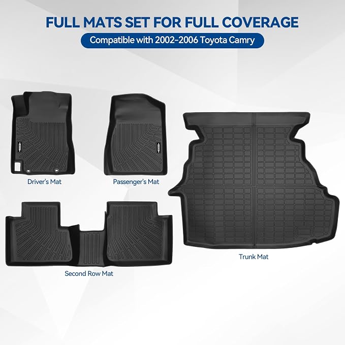 Custom Fit Floor Mats for Toyota Camry 2002-2006, All Weather TPE Floor Liners with Trunk Mat, Odorless Full Set Interior Accessories