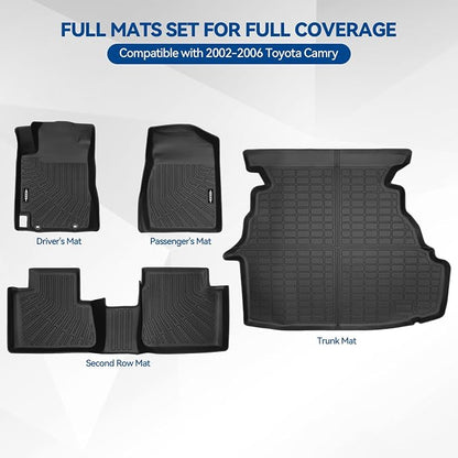 Custom Fit Floor Mats for Toyota Camry 2002-2006, All Weather TPE Floor Liners with Trunk Mat, Odorless Full Set Interior Accessories