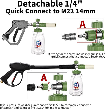 Dual Connector Accessory with Pressure Washer Foam Cannon, Balabulala Pressure Washer Double Tip Attachment for Foam Blaster with with 5 Power Washer Sprayer Nozzles, 1/4" Quick Connect, 3600 PSI