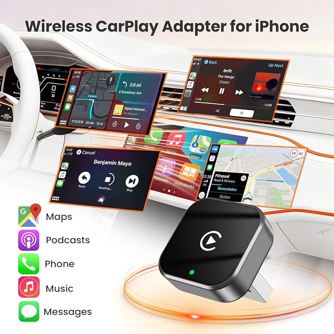 Wireless CarPlay Adapter for iPhone - Plug and Play, Converts Wired to Wireless, Stable Connection Without Delay, Compatible with iOS 10+ & 800+ Car Models, Not for Android 2025（V9-Hui）