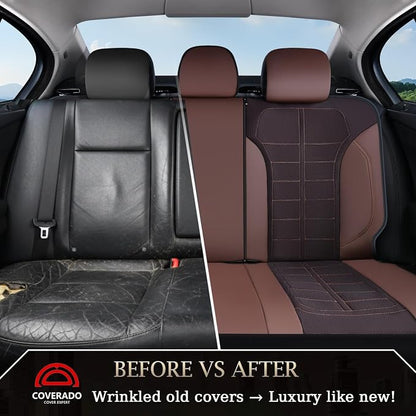 Coverado Leather and Air Mesh Seat Cover, Car Seat Cover Full Set, 3D Breathable Seat Protectors Sports Carbon Fiber Design Airbag Compatible Comfort Universal for Most Cars, Van,Trucks, SUV, Brown