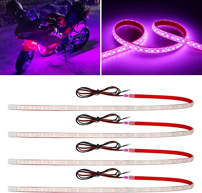 DUOFU365 Pink Led Strip Lights,24inch 12V Interior Light Strip IP68 Waterproof Cuttable for Car Motorcycles Boat Golf Cart Truck Cargo Home Decoration with Strong Nano Tape(4PCS)