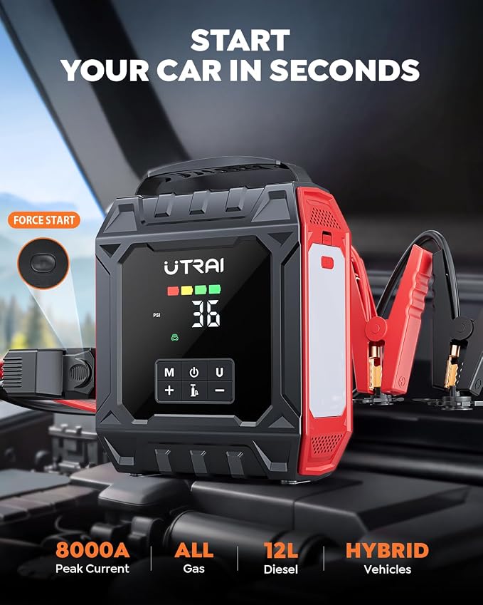 UTRAI 8000A Jump Starter with Air Compressor 160PSI, Car Battery Jumper Starter for All Gas/12L Diesel Engines, Portable Car Jump Starter Jump Box with 1000LM Magnetic Light, Tire Repair Kit