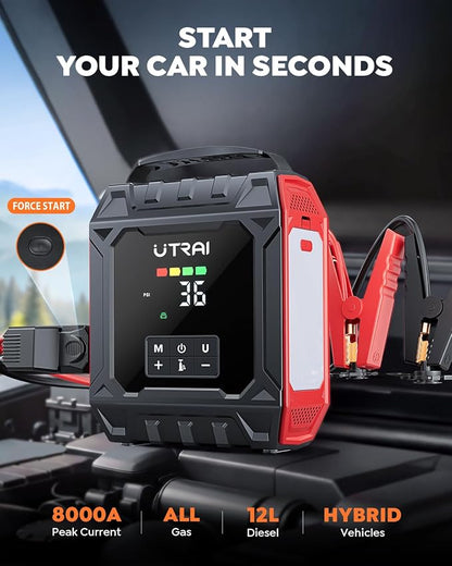 UTRAI 8000A Jump Starter with Air Compressor 160PSI, Car Battery Jumper Starter for All Gas/12L Diesel Engines, Portable Car Jump Starter Jump Box with 1000LM Magnetic Light, Tire Repair Kit