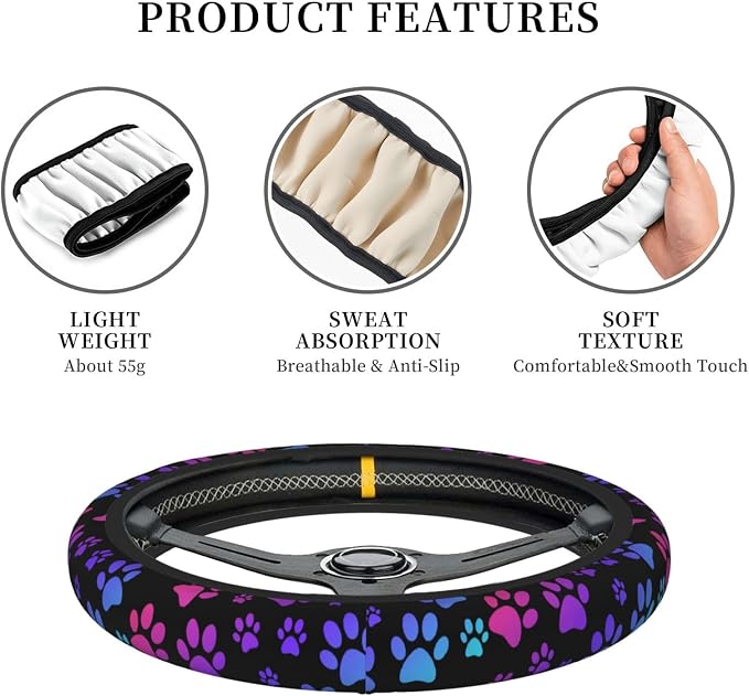 Paw Print Steering Wheel Cover for Women, Universal Auto Steering Wheel 14-15 Inch Car Interior Accessories with 2PCS Car Coasters, Suitable for Men and Women